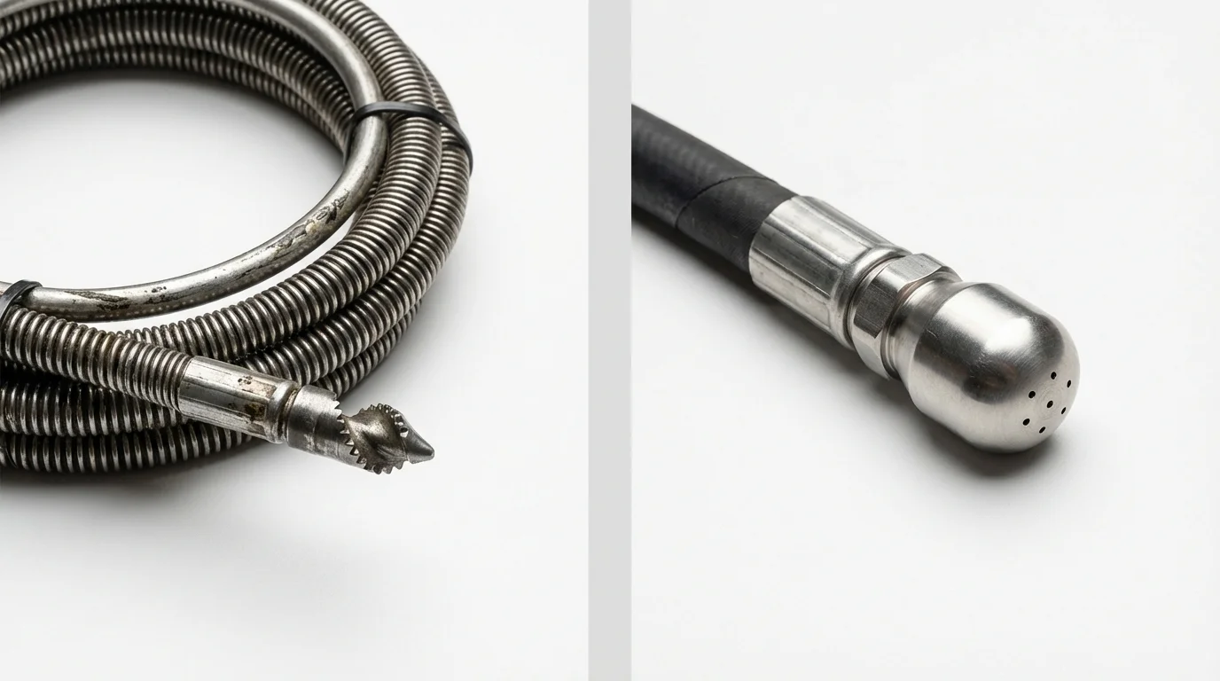 Drain snake cable and hydro jetting nozzle used for drain cleaning in Farmersville, CA
