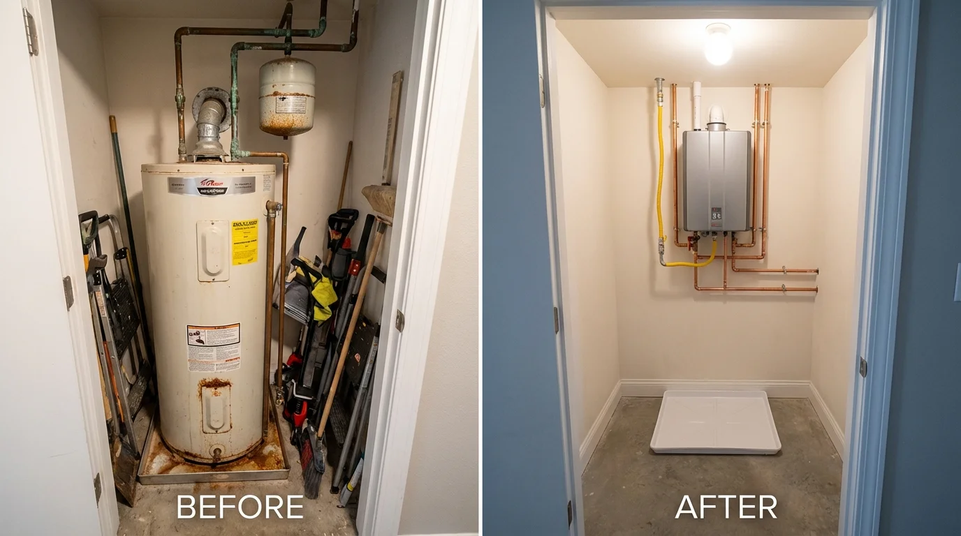 Tank water heater versus wall-mounted tankless unit comparison for Farmersville, CA homeowners