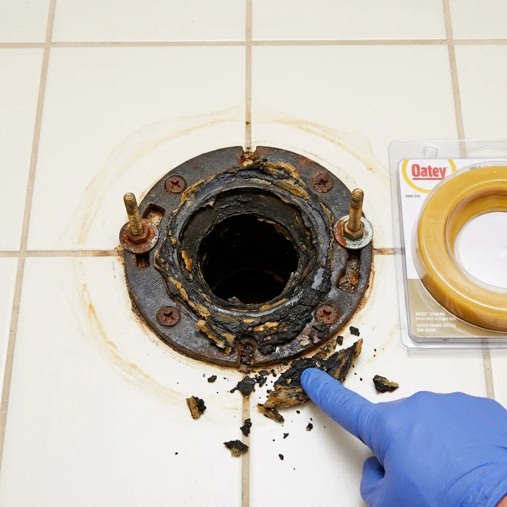 Failed wax ring showing water seepage at the base of a toilet in a Farmersville, CA home