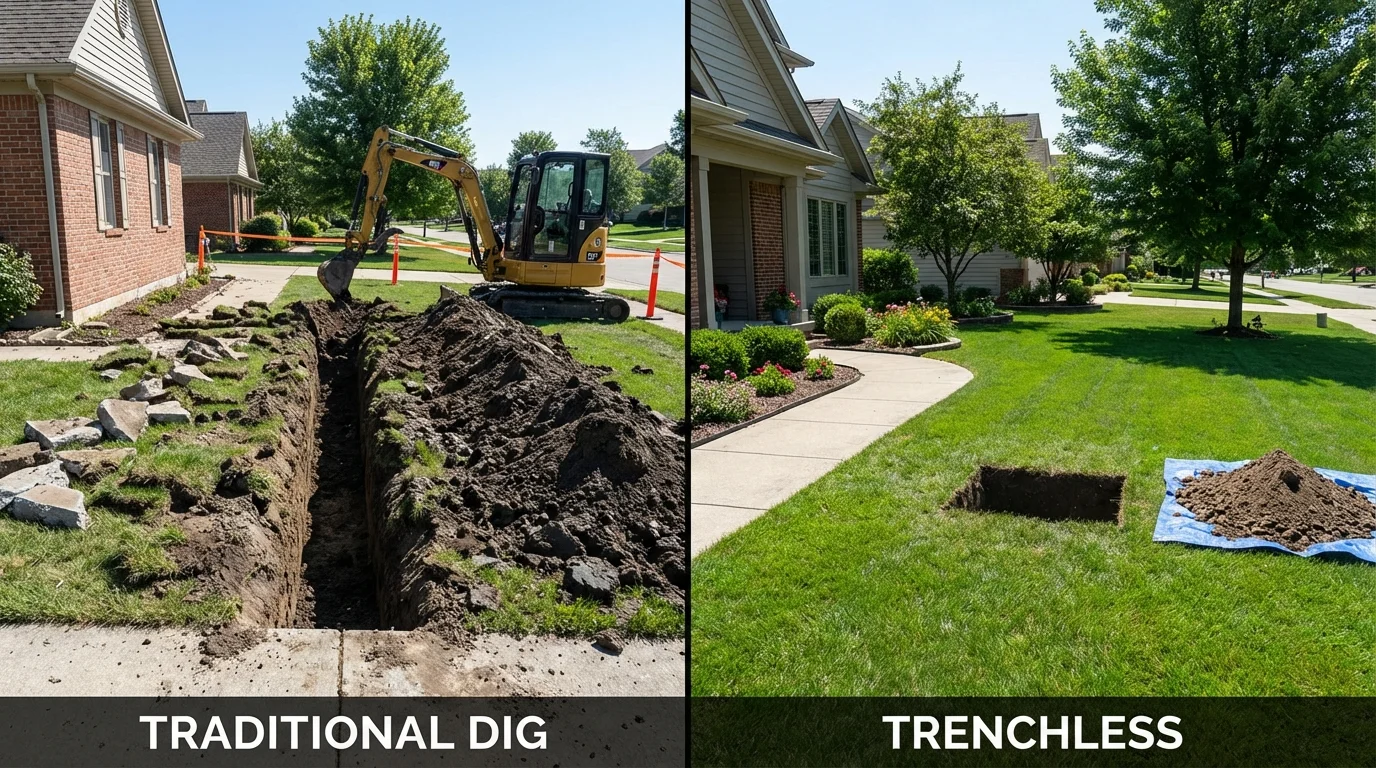 Trenchless sewer repair with minimal yard damage versus traditional excavation in Farmersville, CA