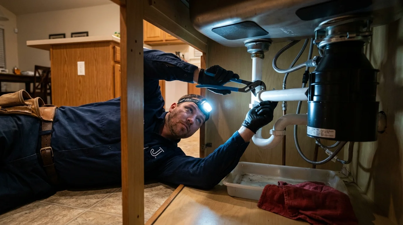 P-trap and supply line connections under a kitchen sink showing a common leak point in Farmersville, CA